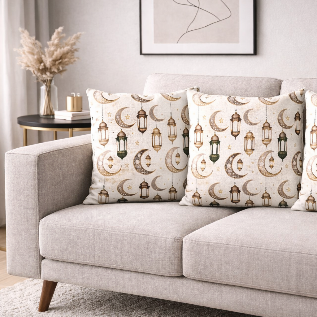 Özdağ Home Concept Ay ve Fener Temalı 2’li Çift Taraflı Duck Dijital Baskı Kırlent Kılıfı 43X43 cm –  Ay Yıldız Fener Desenli Dekoratif Yastık Kılıfı Seti 2li Set - Görsel 2