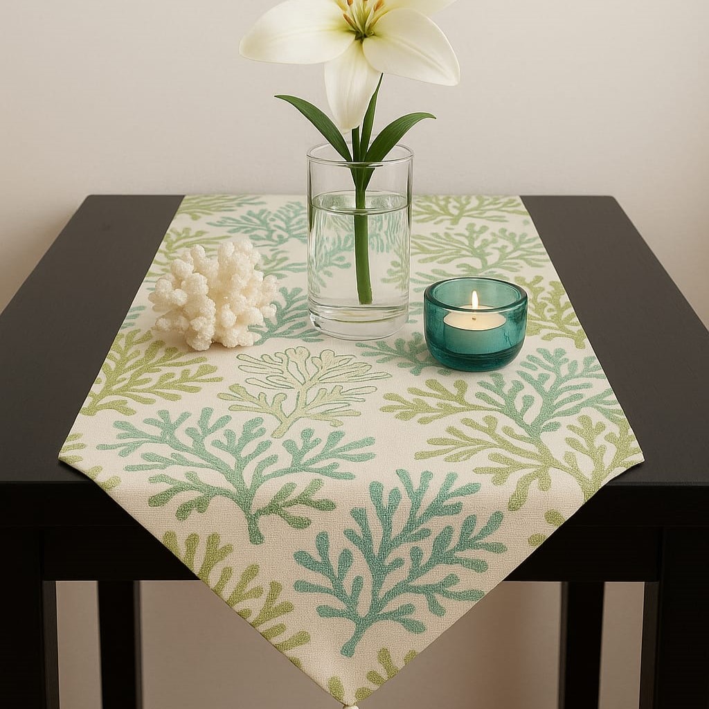 Özdağ Home Concept 140X40 cm Yeşil Mercan  Desen Kumaş Runner | Leke Tutmaz, Dekoratif Masa Örtüsü - Görsel 4