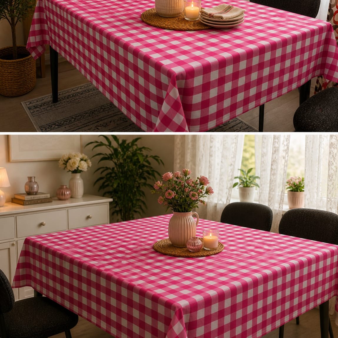 Özdağ Home Concept 150X150 cm Pembe-Beyaz Pötikare Masa Örtüsü Dertsiz Kumaş Leke Tutmaz Silinebilir Mutfak Balkon Piknik Masa Örtüsü - Görsel 2
