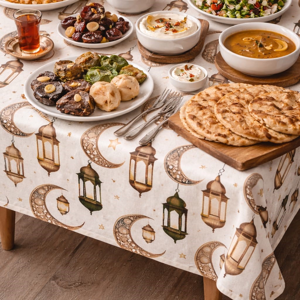 Özdağ Home Concept Ay ve Fener Temalı Masa Örtüsü – Dijital Baskı Duck Kumaş – Leke Tutmaz – Hilal ve Fener Desenli –120x170 cm - Görsel 5