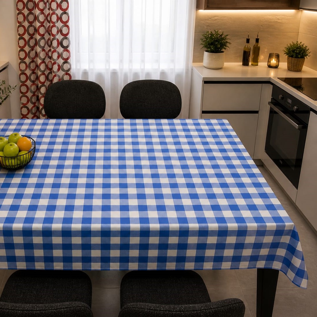 Özdağ Home Concept 150X150 cm Mavi-Beyaz Pötikare Masa Örtüsü Dertsiz Kumaş Leke Tutmaz Silinebilir Mutfak Balkon Piknik Masa Örtüsü - Görsel 5