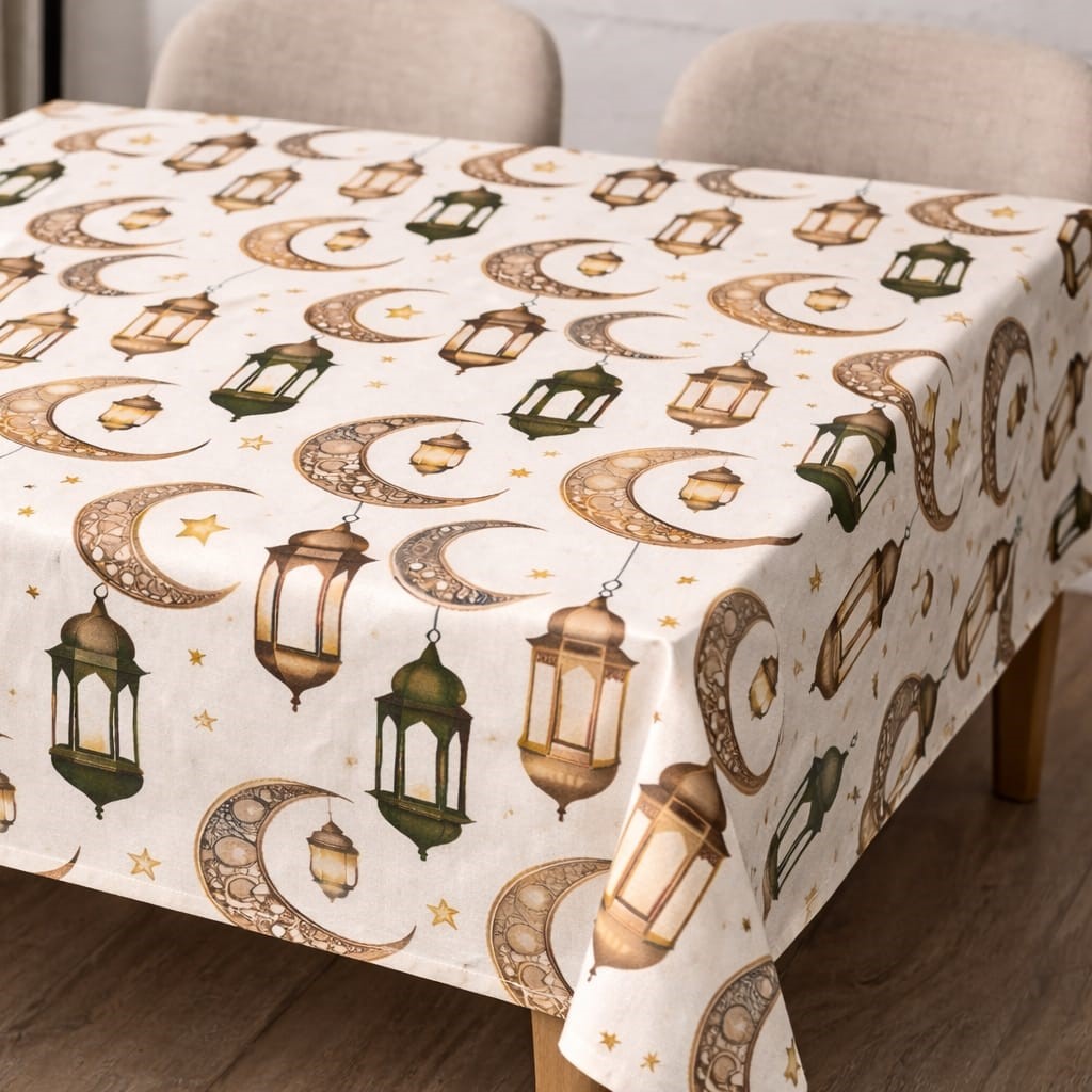 Özdağ Home Concept Ay ve Fener Temalı Masa Örtüsü – Dijital Baskı Duck Kumaş – Leke Tutmaz – Hilal ve Fener Desenli –120x170 cm - Görsel 3