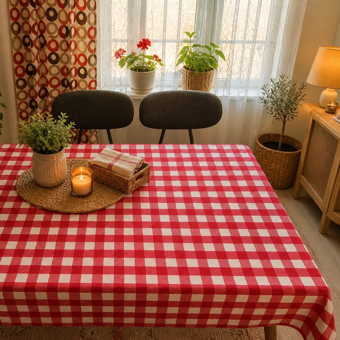 Özdağ Home Concept 150X150 cm Kırmızı-Beyaz Pötikare Masa Örtüsü Dertsiz Kumaş Leke Tutmaz Silinebilir Mutfak Balkon Piknik Masa Örtüsü - Görsel 2