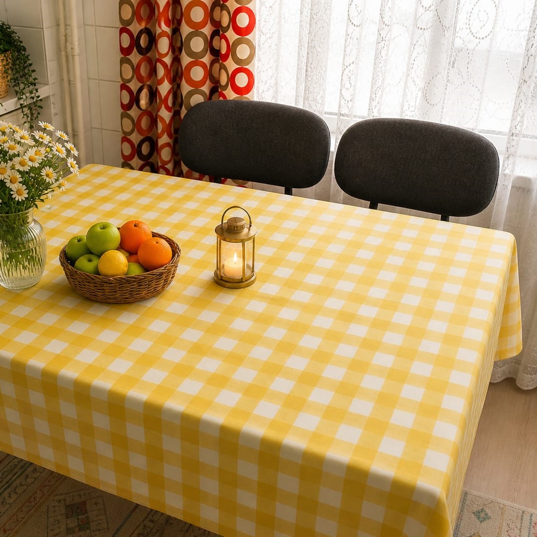 Özdağ Home Concept 150X150 cm Sarı-Beyaz Pötikare Masa Örtüsü Dertsiz Kumaş Leke Tutmaz Silinebilir Mutfak Balkon Piknik Masa Örtüsü - Görsel 2