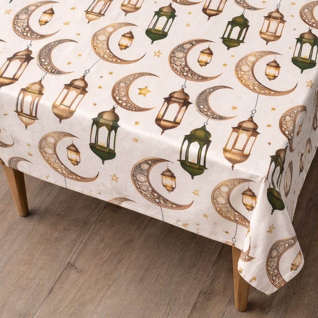 Özdağ Home Concept Ay ve Fener Temalı Masa Örtüsü – Dijital Baskı Duck Kumaş – Leke Tutmaz – Hilal ve Fener Desenli –120x170 cm - Görsel 2