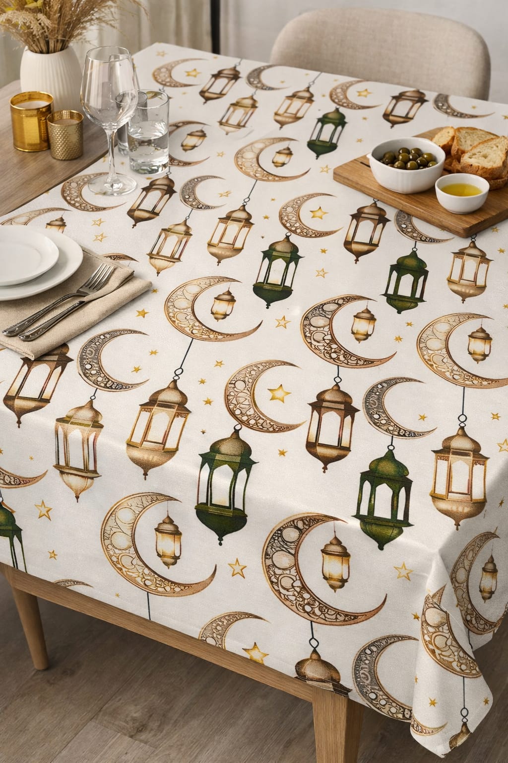 Özdağ Home Concept Ay ve Fener Temalı Masa Örtüsü – Dijital Baskı Duck Kumaş – Leke Tutmaz – Hilal ve Fener Desenli –120x170 cm - Görsel 8
