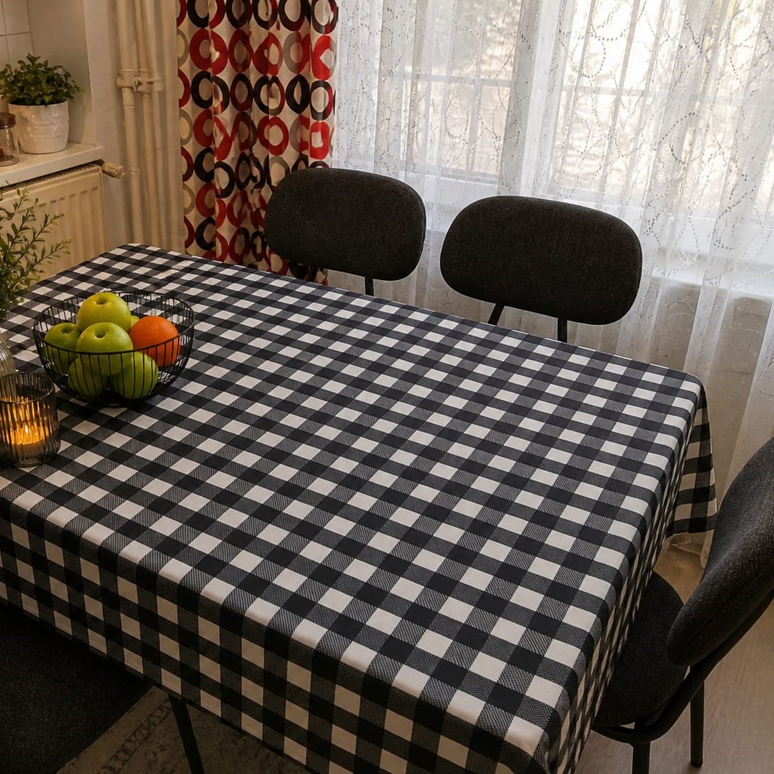 Özdağ Home Concept 150X150 cm Siyah-Beyaz Pötikare Masa Örtüsü Dertsiz Kumaş Leke Tutmaz Silinebilir Mutfak Balkon Piknik Masa Örtüsü - Görsel 8