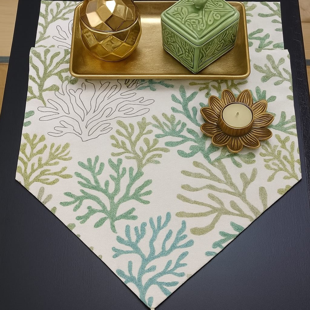 Özdağ Home Concept 140X40 cm Yeşil Mercan  Desen Kumaş Runner | Leke Tutmaz, Dekoratif Masa Örtüsü - Görsel 2